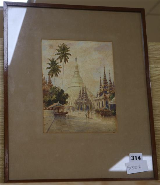 M.T. Hla, watercolour, Schwedagon Pagoda Rangoon, signed, 22 x 17cm